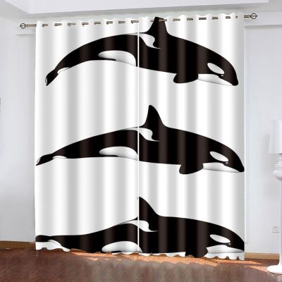 3D Black and White Whale Blackout Curtains with Eyelets, 2-Piece Set, 100 x 160 cm Each