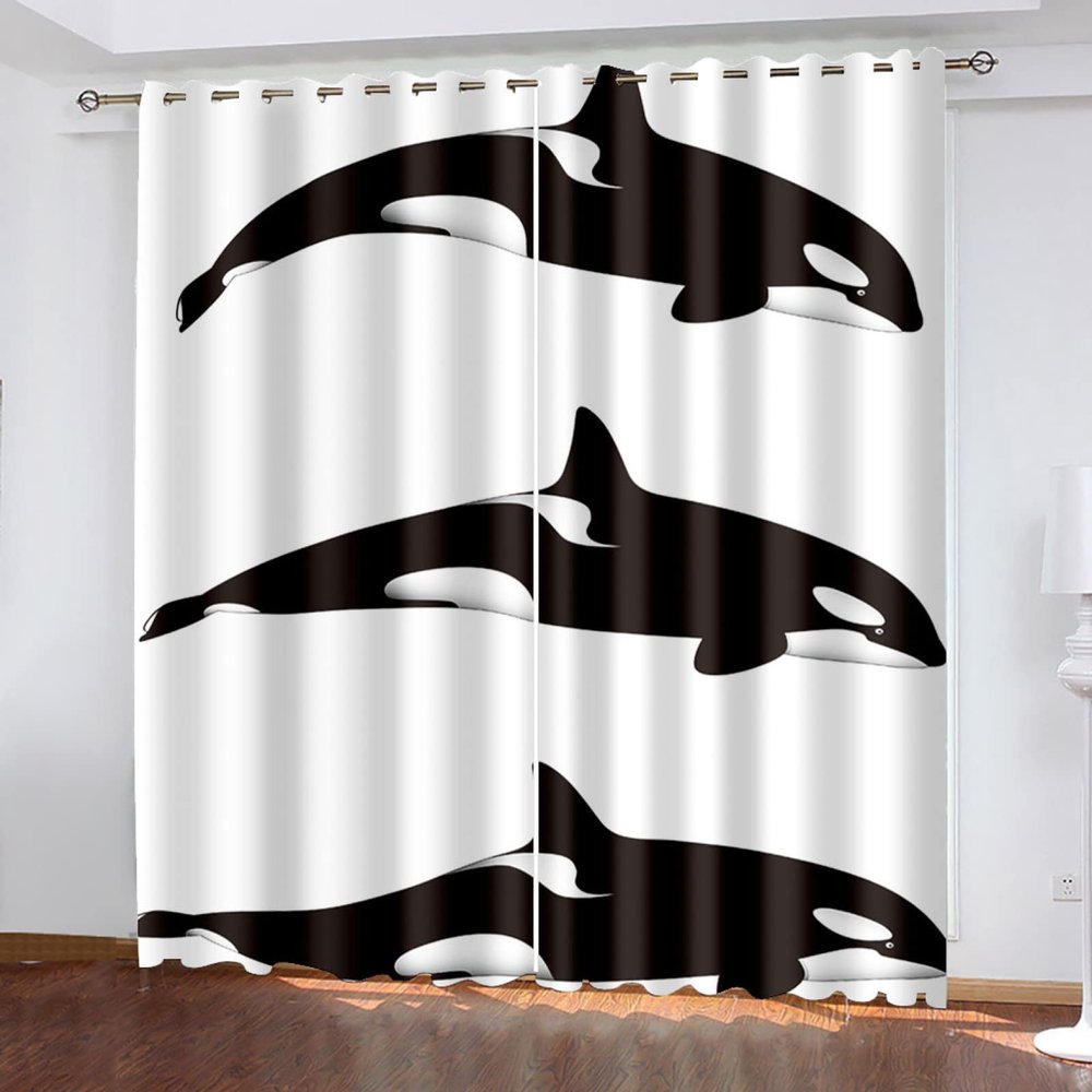 3D Black and White Whale Blackout Curtains with Eyelets, 2-Piece Set, 100 x 160 cm Each