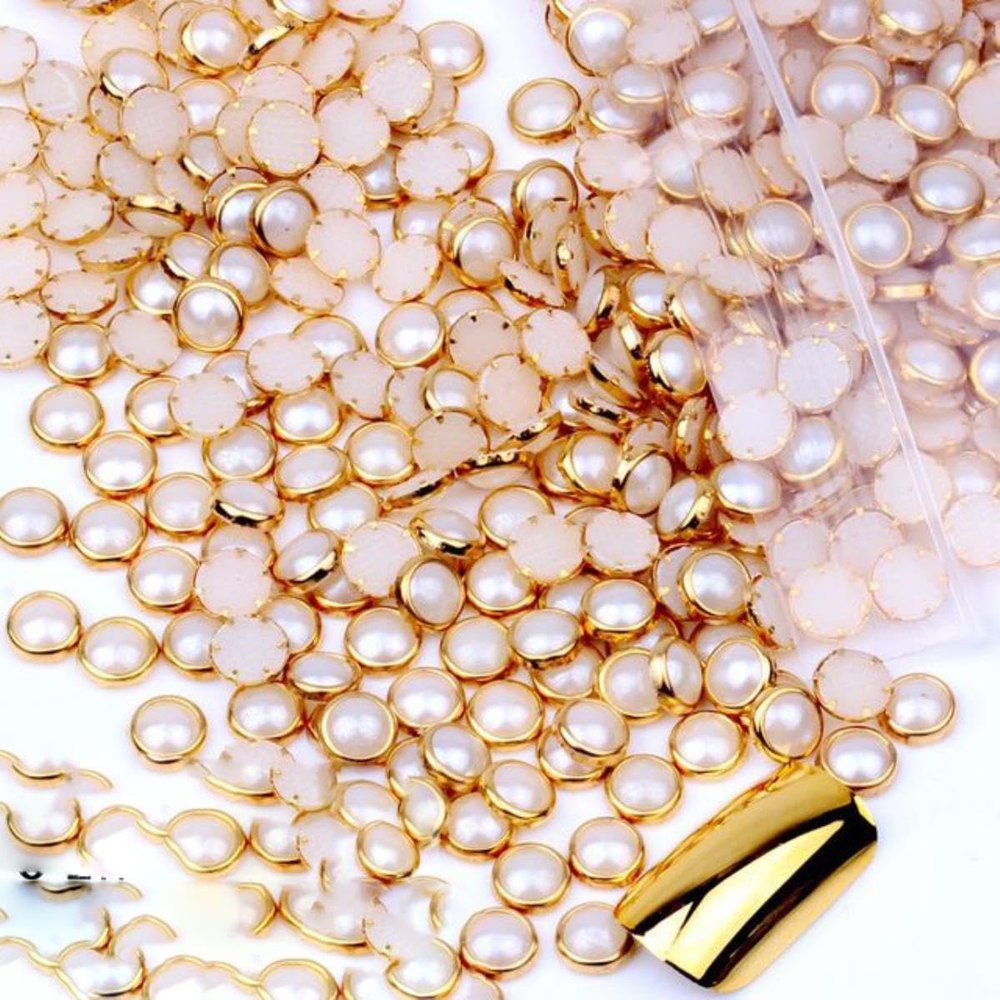 CTLH20 100-Piece 5 mm Ivory Half-Round Pearl Metal Rhinestones for DIY Nail Art
