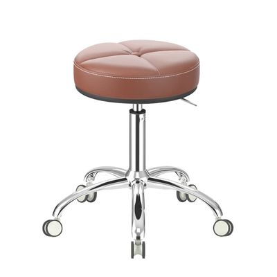 Round Adjustable Rolling Stool, PU Leather, 19.3–25.2 in, Brown