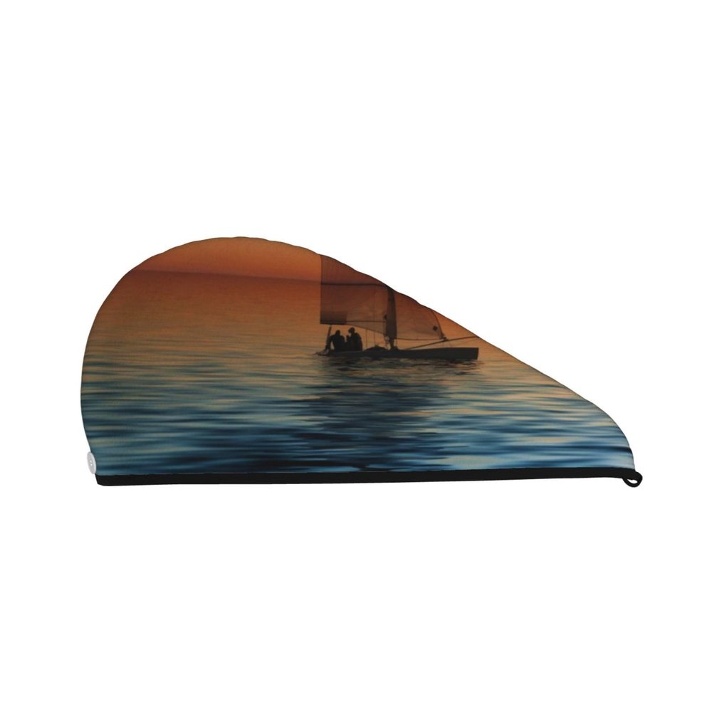 Women's Microfiber Hair Towel, Coral Velvet, Quick-Drying, Sunset Beach Sailboat Print