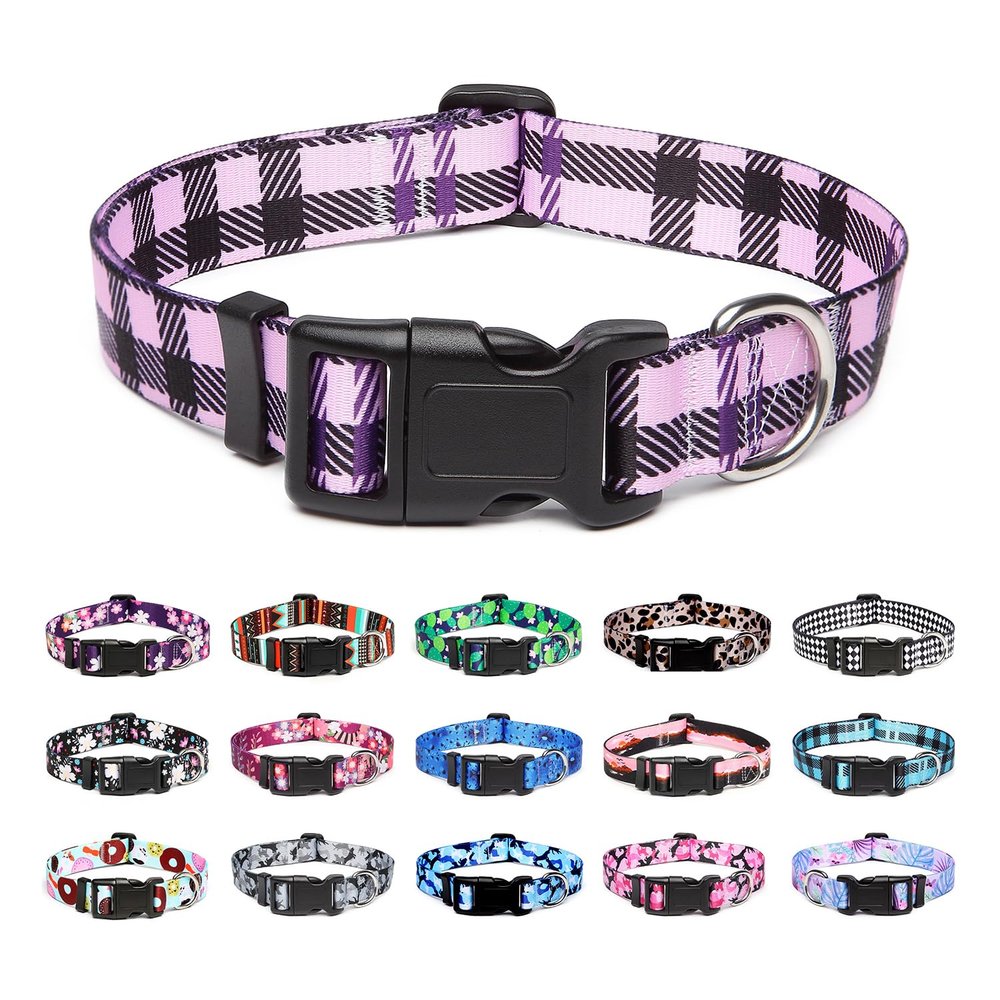 Mercano Adjustable Dog Collar, Soft Nylon Comfort & Durable Patterned Collar for Small Medium Large Dogs Puppies Cats (M, Plaid Purple)