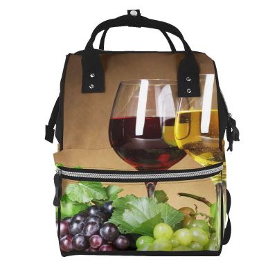 Grape-Printed Wine Glasses Diaper Backpack, Black, One Size