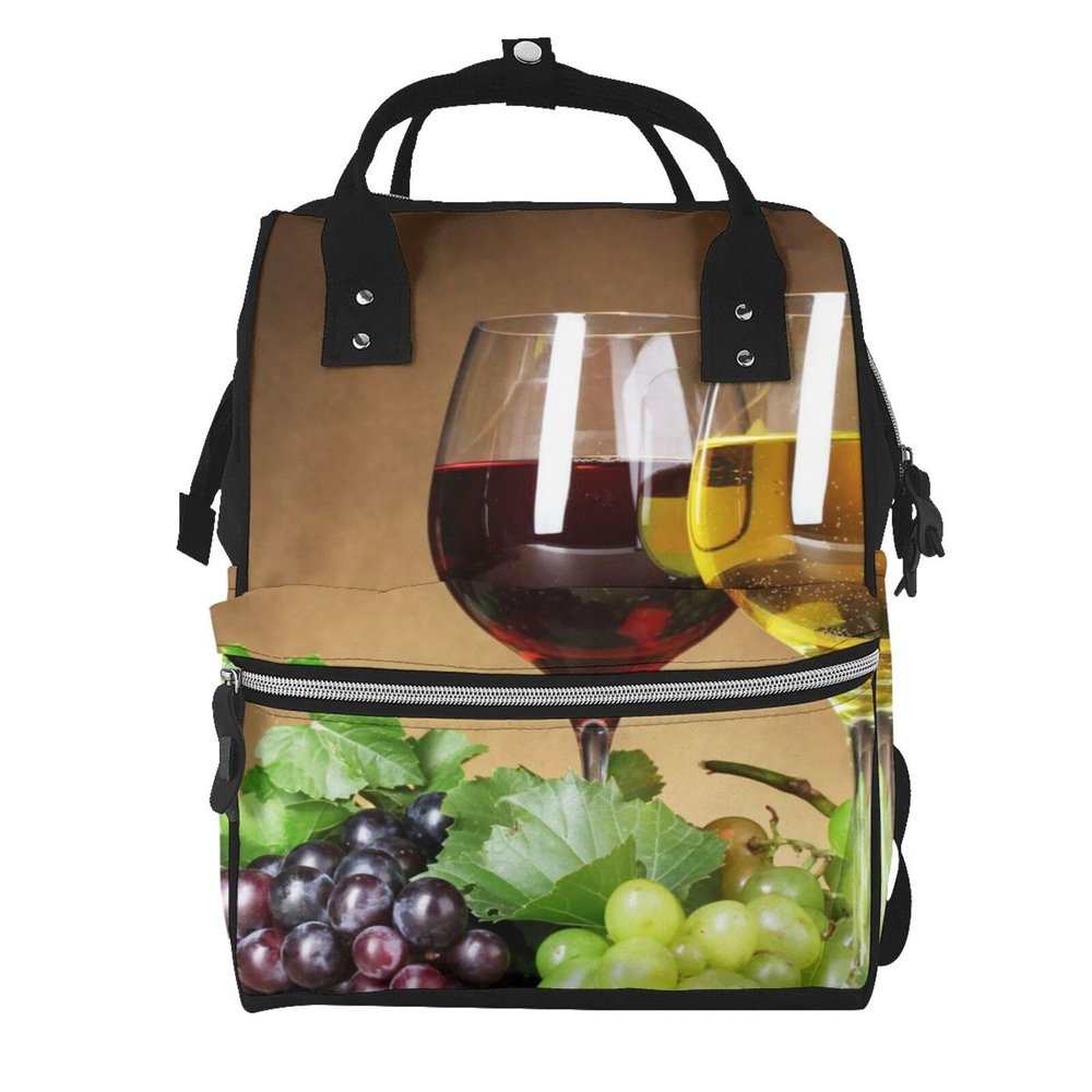 Grape-Printed Wine Glasses Diaper Backpack, Black, One Size