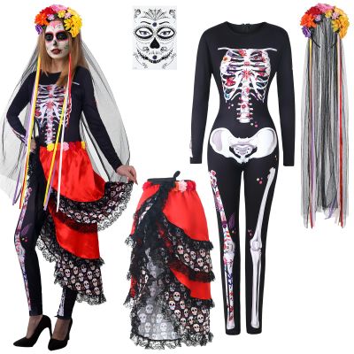 Ramede 4-Piece Halloween Day of the Dead Catsuit Costume for Women, Skeleton Bodysuit, Tie-On Bustle, Headband and Temporary Face Tattoos, Large