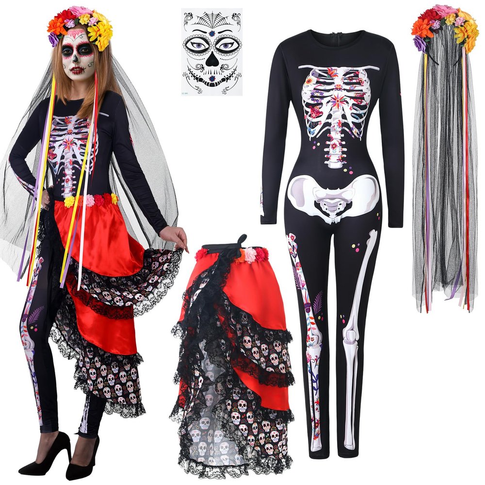 Ramede 4-Piece Halloween Day of the Dead Catsuit Costume for Women, Skeleton Bodysuit, Tie-On Bustle, Headband and Temporary Face Tattoos, Large
