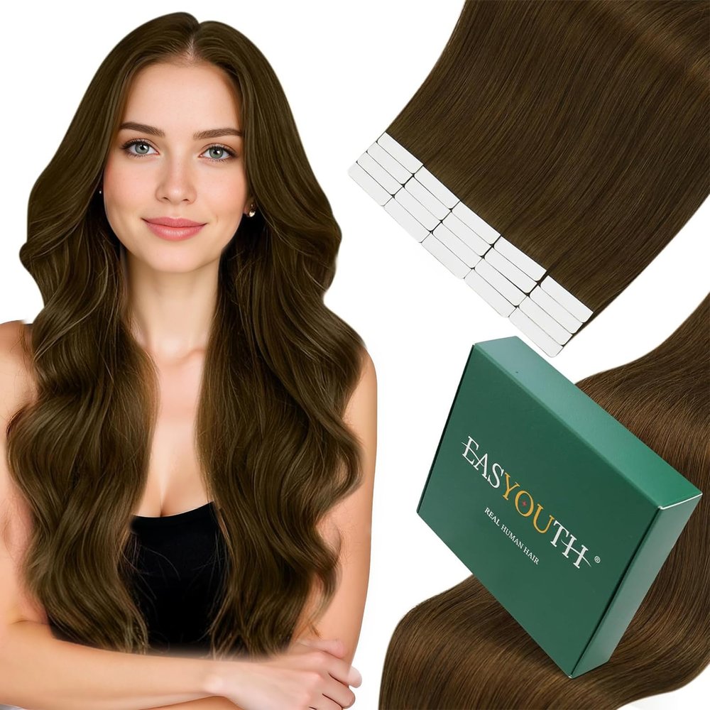 Easyouth Tape-In Human Hair Extensions, Dark Brown #4, 30 cm, 30 g