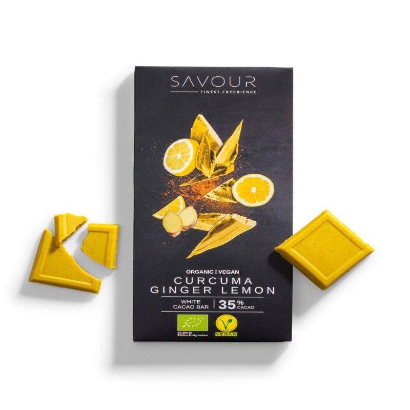 SAVOUR White Chocolate with Turmeric, Ginger & Lemon | Organic, Vegan, Gluten-Free, Palm Oil-Free, Sustainable Packaging (Turmeric, Ginger & Lemon, 3 Bars)