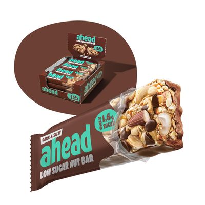 AHEAD Nut Bar | Sugar-Free Nut Muesli Bar with Dark Chocolate, Cashews & Sea Salt Flakes, 12 x 35 g, Only 1.7 g Sugar per Bar, Dark & Salty