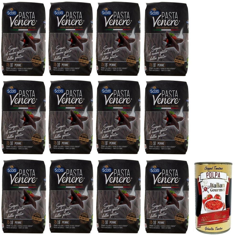 Italian Gourmet Pasta Venere Penne Rigate Black Rice Pasta, 12 x 400 g