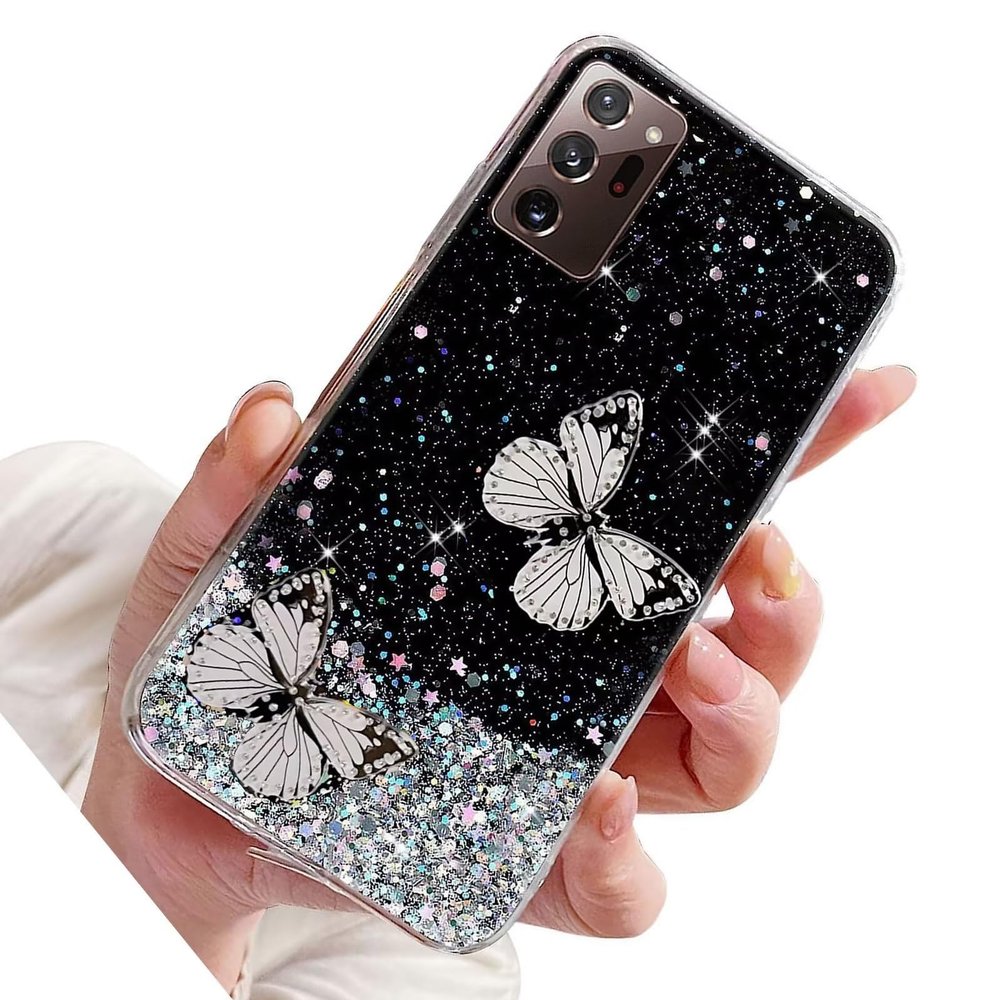 Rnrieyta Miagon Crystal Glitter Case for Samsung Galaxy Note 20 Ultra, Clear Bling Sparkle Stars Cover, Slim Thin Protective Case, Black Butterfly 2