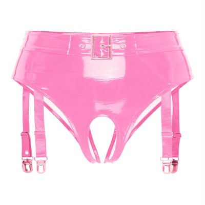 Yihuimin Women's Pink Patent Leather Panties with Garter Straps, 4XL