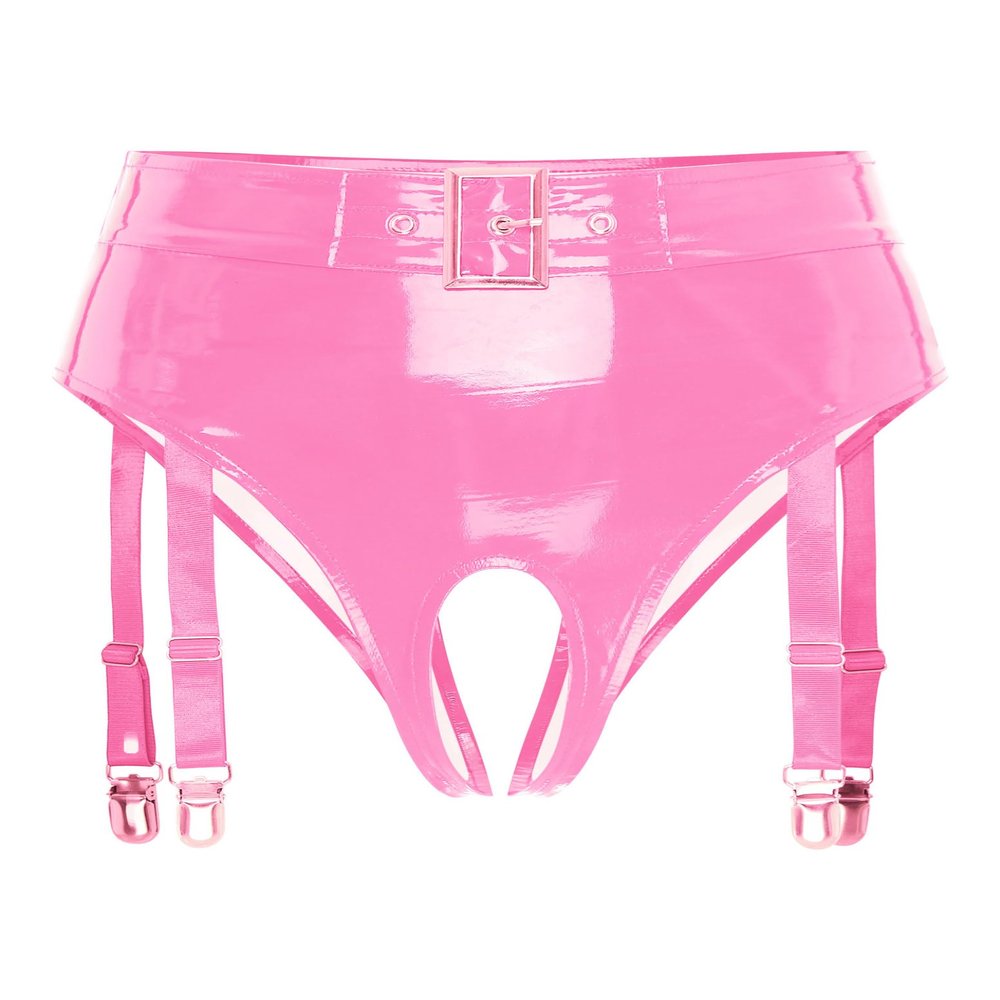Yihuimin Women's Pink Patent Leather Panties with Garter Straps, 4XL