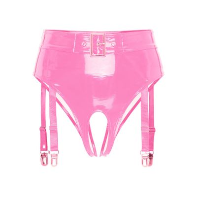 Winying Women's Sexy Wetlook Open-Crotch Patent Leather Thong, Pink, XXL