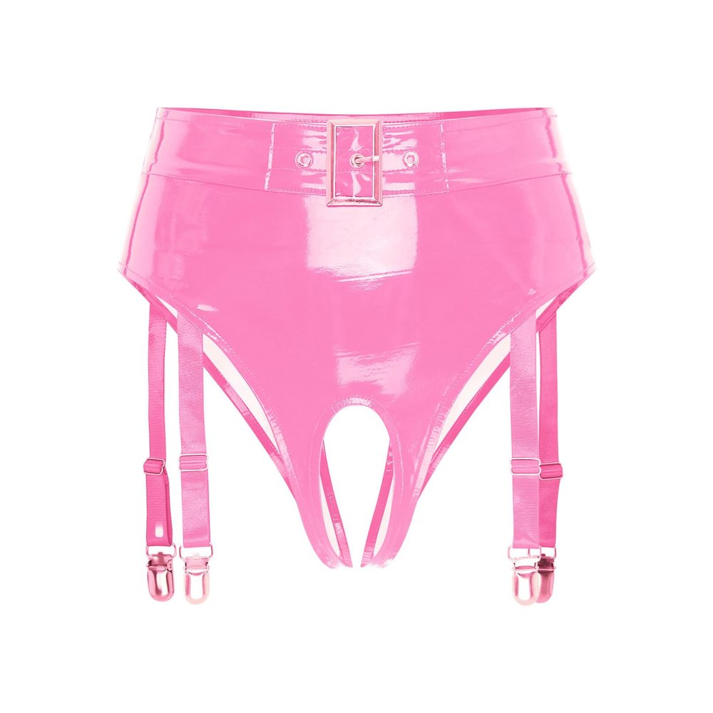 Winying Women's Sexy Wetlook Open-Crotch Patent Leather Thong, Pink, XXL