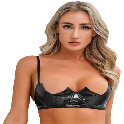 TSSOE Women's Wet-Look Open-Cup Bustier Harness Bra, Wireless Patent Leather, Black, Size S