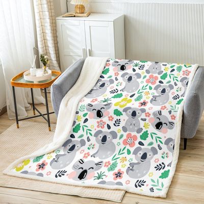 Cute Cartoon Koala Blanket 150 x 200 cm, Botanical Leaves and Flowers, Kawaii Animal Flannel Fleece Throw for Kids