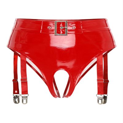 Zaldita Wetlook Patent Leather Open-Crotch Thong with Garters, Red, M