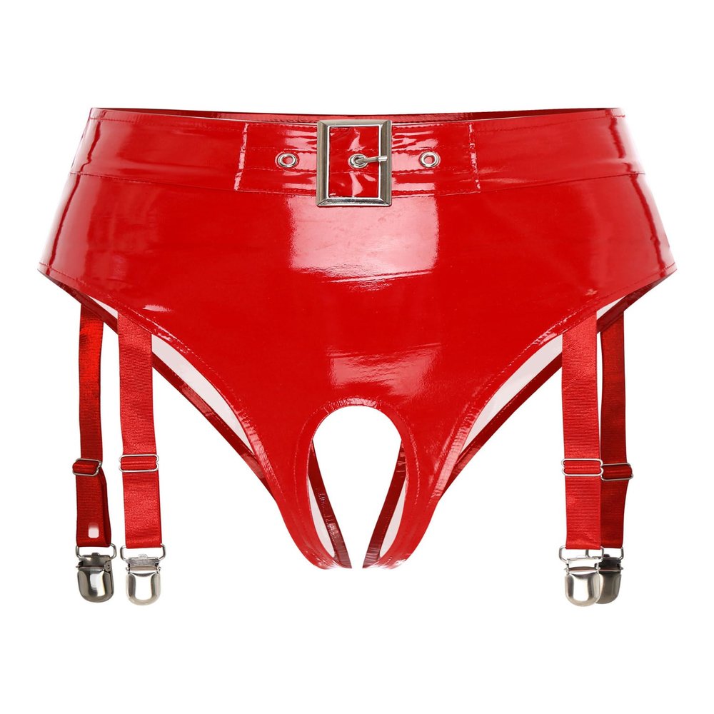 Zaldita Wetlook Patent Leather Open-Crotch Thong with Garters, Red, M