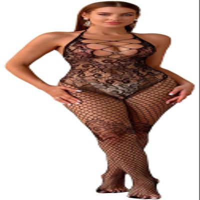 Bommi Fairy Women's Floral Lace Halter Fishnet Teddy Bodystocking, Black