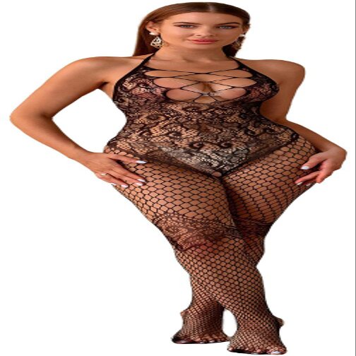 Bommi Fairy Women's Floral Lace Halter Fishnet Teddy Bodystocking, Black