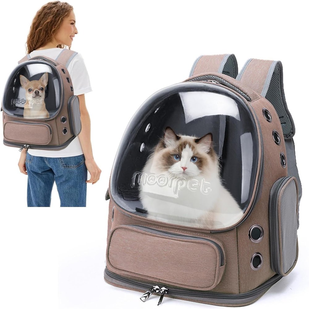 PETCUTE Cat Backpack with Window, Portable Space Capsule Pet Carrier, Khaki