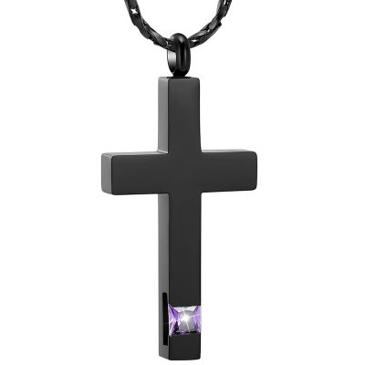 ZEZILE Black Cross Cremation Urn Necklace for Human and Pet Ashes, Memorial Birthstone Inlay Pendant