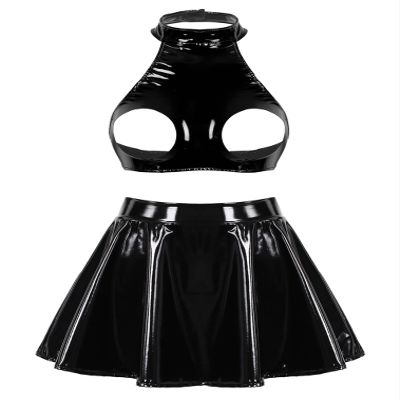 FEESHOW Women's Wetlook Open-Bust Bra and Skirt Set, Black, XL