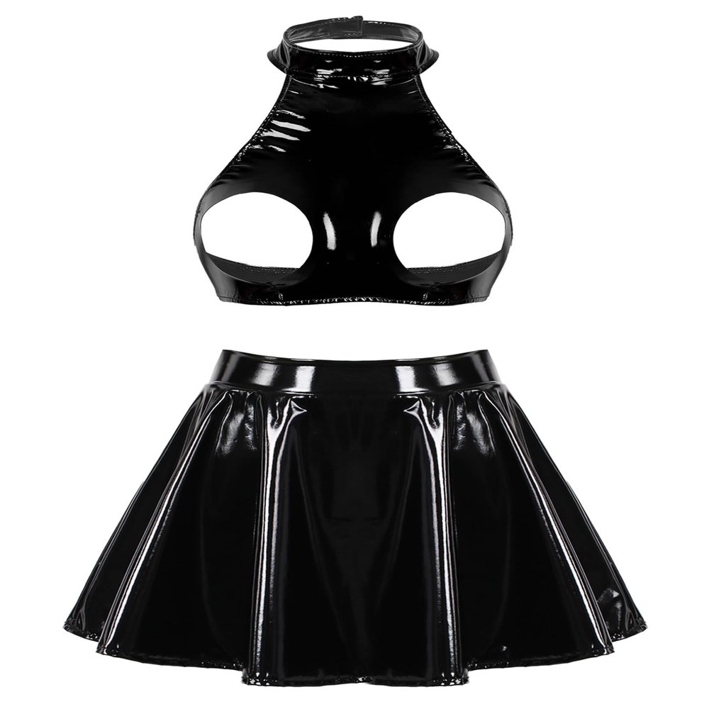FEESHOW Women's Wetlook Open-Bust Bra and Skirt Set, Black, XL