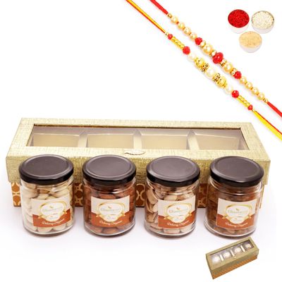 Ghasitaram Gifts Jaiccha Rakhi Gift Set for Brothers, Golden Box with 4 Dry Fruit Jars and 2 Rakhis