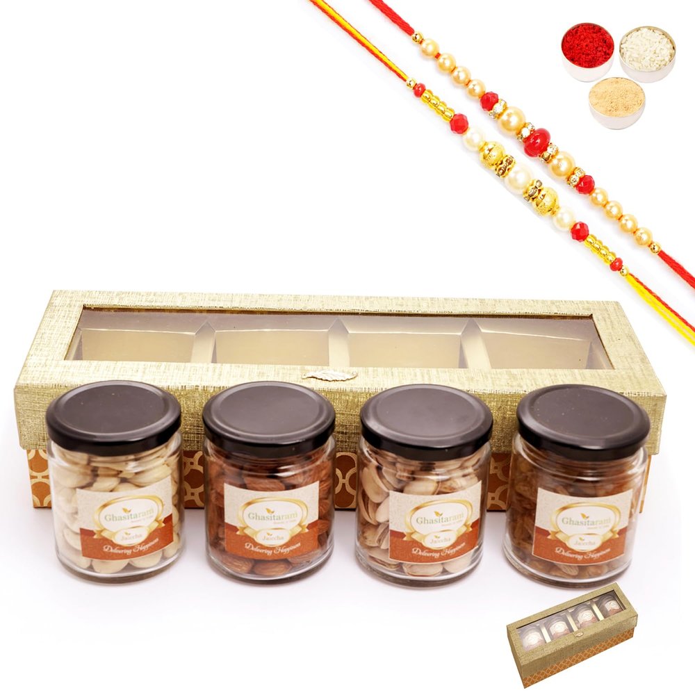 Ghasitaram Gifts Jaiccha Rakhi Gift Set for Brothers, Golden Box with 4 Dry Fruit Jars and 2 Rakhis