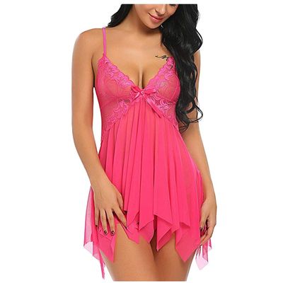 Women's Sexy Satin Nightgown, Kimono-Style Robe with Straps, Hot Pink, Size 38