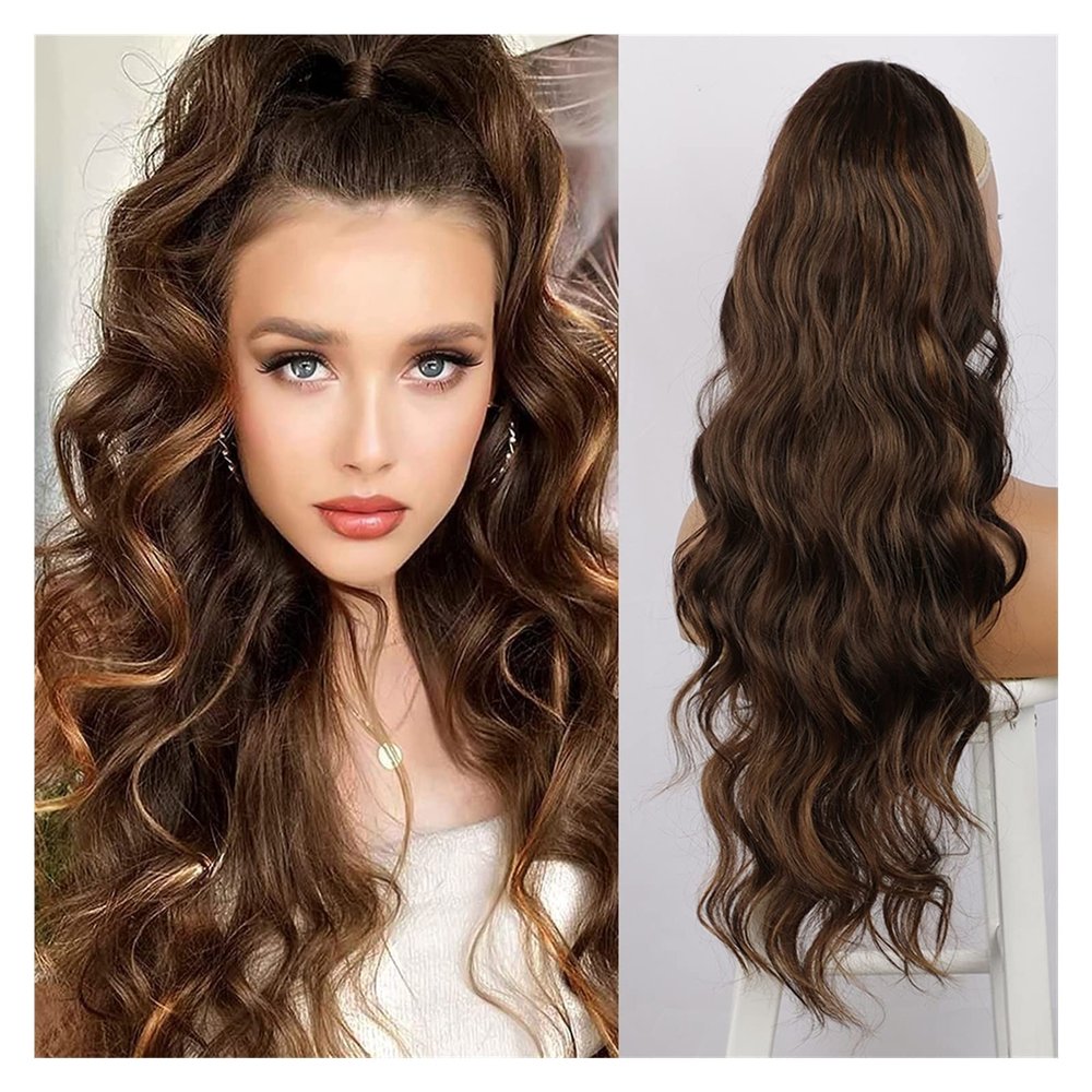 Brown Wavy Ponytail Extension with Drawstring, Clip-In Synthetic Hairpiece, Ombre Blonde Ash