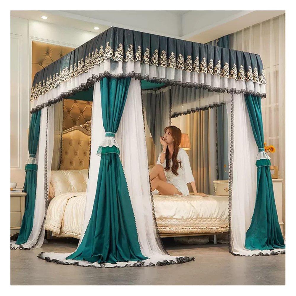 CENAP Bed Canopy with Mounting Bracket, Luxury Four-Season Bed Curtain for 1.5 m/1.8 m/2 m Single or Double Beds, Easy to Install, Green 1