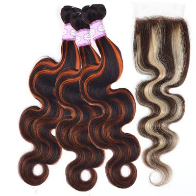Body Wave Orange Human Hair Weave with 3 Bundles, Closure and Highlighted Lace Frontal