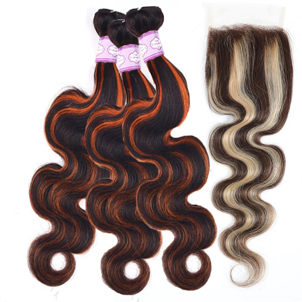 Body Wave Orange Human Hair Weave with 3 Bundles, Closure and Highlighted Lace Frontal