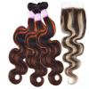 Body Wave Orange Human Hair Weave with 3 Bundles, Closure and Highlighted Lace Frontal view 1