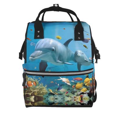 Ocean Dolphin Looking At You Printed Diaper Backpack, Black, One Size
