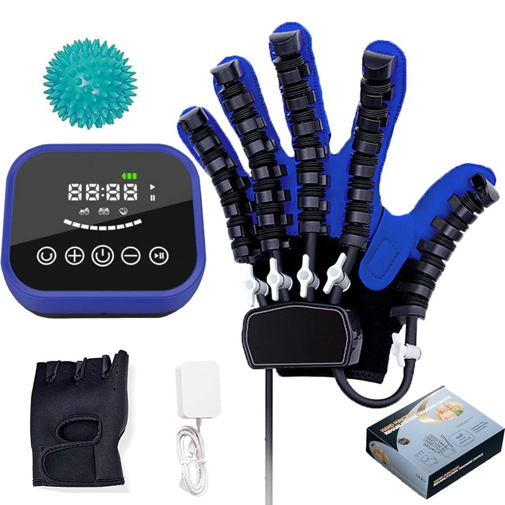 Rehabilitation Robotic Glove, Finger Training Orthosis for Hand Function Disorders (Right, L, Blue)