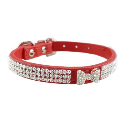Newtensina Dog Collar with Bow and Rhinestones, for Small Dogs, Red, Size S