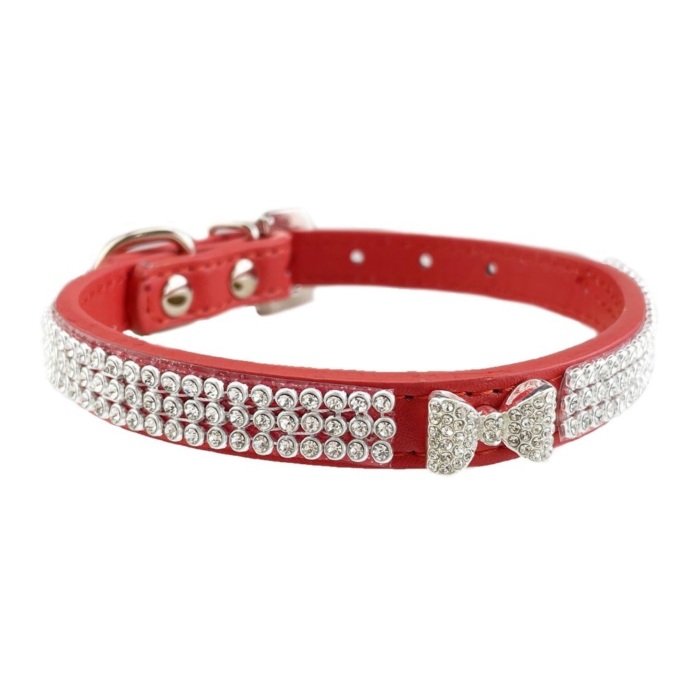 Newtensina Dog Collar with Bow and Rhinestones, for Small Dogs, Red, Size S