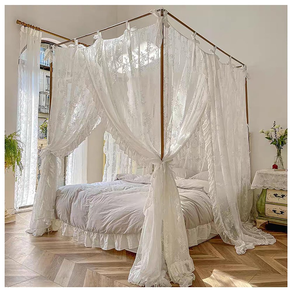 AdeptT Queen-Size Canopy Bed Frame with Mosquito Net, White