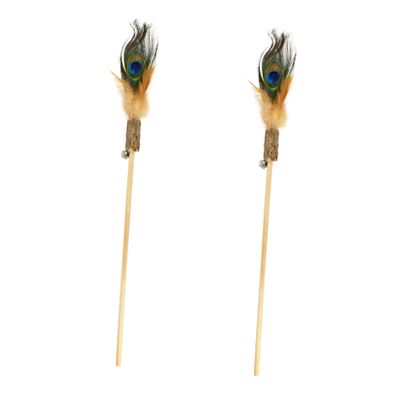 Interactive Cat Toy with Peacock Feathers and Wooden Wands, 2-Piece Set