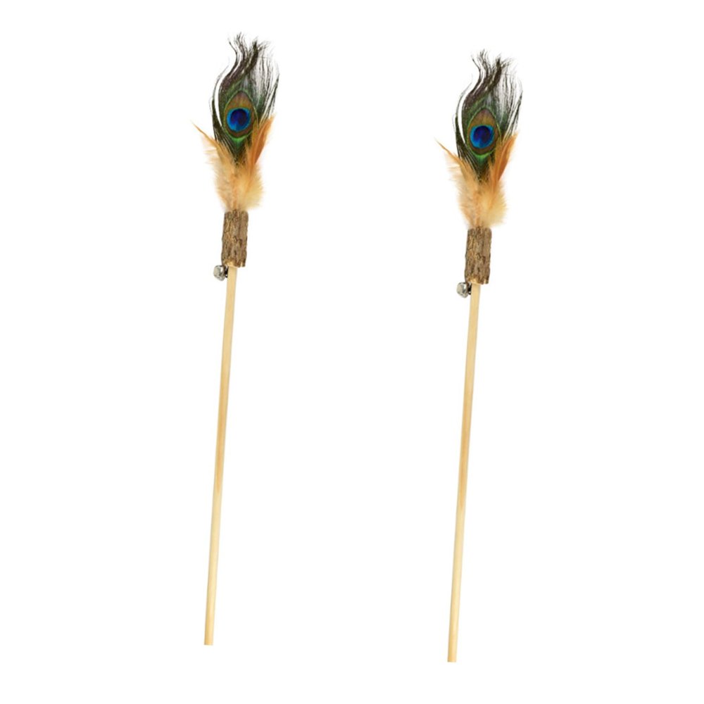 Interactive Cat Toy with Peacock Feathers and Wooden Wands, 2-Piece Set
