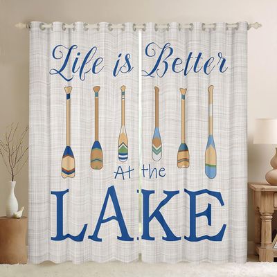 Feelingyou Sea Life Window Curtains, Cartoon Paddle Print, Camping Cabin and Boat Theme, Small