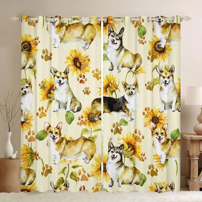 Cute Dog Window Curtains, Cartoon Corgi Paw Print Floral Curtains, 2 Panels, Medium, Good Light-Blocking Effect
