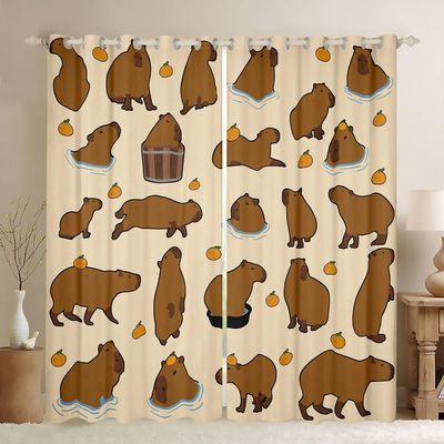 Kawaii Capybara Curtains, Cute Cartoon Bedroom Curtains, Brown Capybaras, 2 Panels, 46W x 54L in