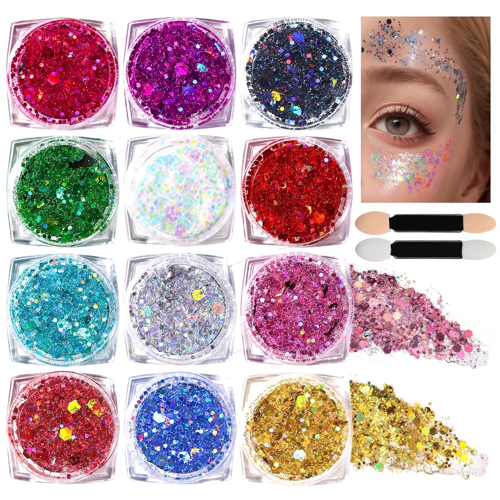 Teenitor Glitter Gel for Face, Body, Hair, and Makeup, 12 Colors