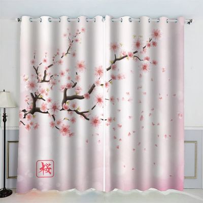 AKATIE Japanese Cherry Blossom Curtains for Kids' Room, 3D Printed Pink Floral Blackout Curtains, Noise-Reducing, Grommet Top, 2-Pack