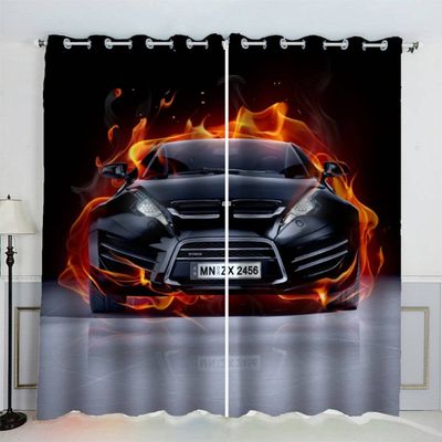 AKATIE Sports Car Racing Car Polyester Curtains with Silver Eyelets, 2-Piece Set, Burning Car 3D Print Blackout Curtains for Living Room and Bedroom (234 x 137 cm)